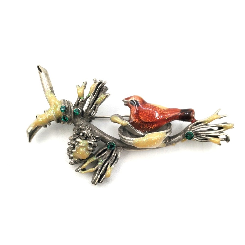 Vintage Pot Metal Enamel Birds on Branch Brooch Green Rhinestone Pin